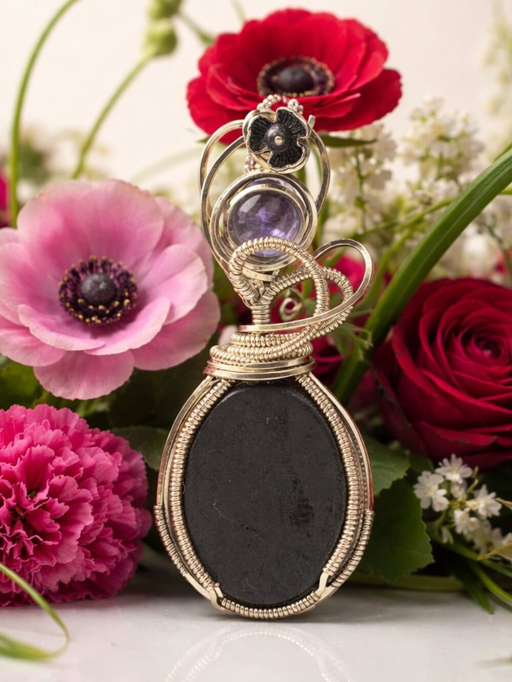 Shungite Pendant with Amethyst Accent stone wrapped in silver tone wire